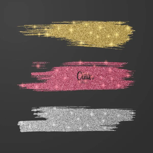 Conjunto de pincéis de brilho, rosa, ouro e prata várias cores sobre fundo escuro, brilhante, efeito de luxo para o seu design. Vetor eps 10 — Vetor de Stock