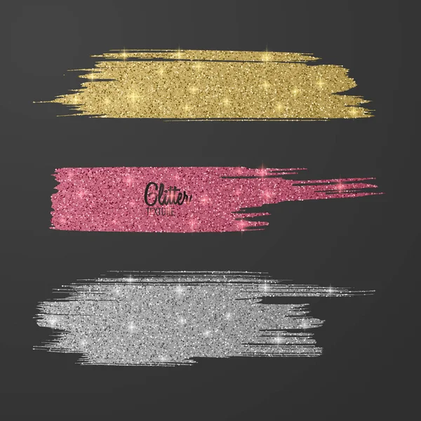 Set de pinceles de brillo, rosa, dorado y plateado varios colores sobre fondo oscuro, efecto lujoso y brillante para tu diseño. Vector eps 10 — Archivo Imágenes Vectoriales