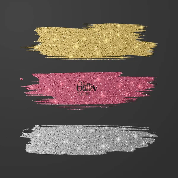 Set of glitter brushes, pink, gold and silver several colors on dark background, shiny, luxury effect for your design. Vector eps 10 — Stock Vector