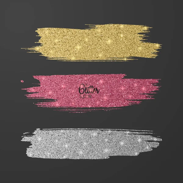 Set de pinceles de brillo, rosa, dorado y plateado varios colores sobre fondo oscuro, efecto lujoso y brillante para tu diseño. Vector eps 10 Ilustración De Stock