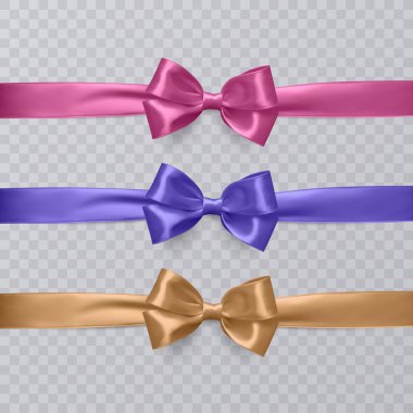 Vektör gerçekçi pembe, mor ve turuncu şerit ve şeffaf arka plan üzerinde yay kümesi. Vektör eps 10