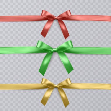 Vektör gerçekçi kırmızı, yeşil ve sarı şerit ve şeffaf arka plan üzerinde yay kümesi. Vektör eps 10