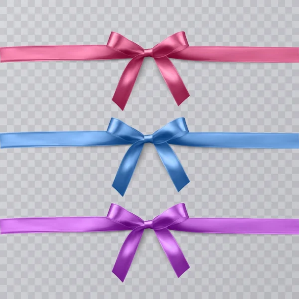 Conjunto de vectores realistas de color rosa, púrpura y azul cinta y arcos sobre fondo transparente. Vector eps 10 — Vector de stock