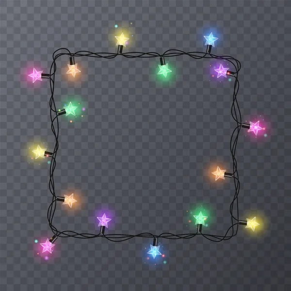 Guirnaldas coloridas con forma de estrellas. Guirnalda de decoración navideña, marco vectorial con espacio para texto — Vector de stock