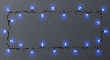 Renk çelenk, Festival süsleri kümesi. Parlak Noel ışıkları üzerinde şeffaf arka plan izole. Çerçeve metin için yer ile. Vektör çizim