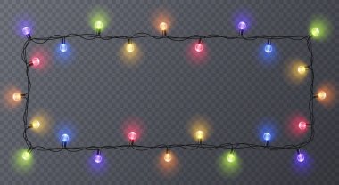 Renk çelenk, Festival süsleri kümesi. Parlak Noel ışıkları üzerinde şeffaf arka plan izole. Çerçeve metin için yer ile. Vektör çizim