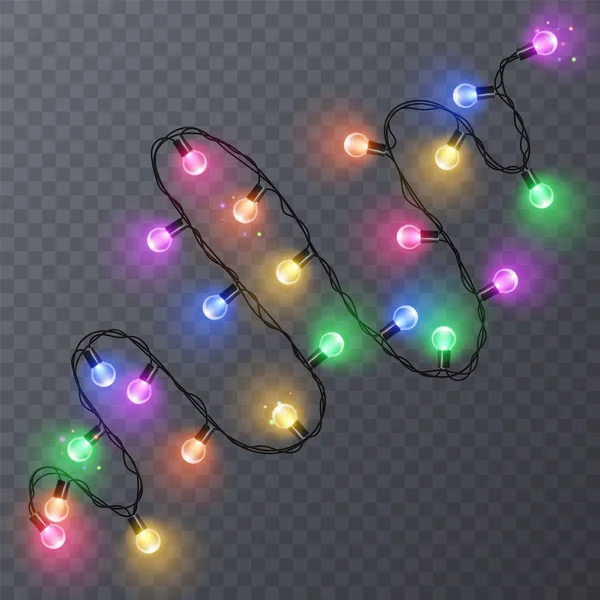Conjunto de guirlandas coloridas, decorações festivas. Luzes de Natal brilhantes isoladas em fundo transparente. Ilustração vetorial — Vetor de Stock