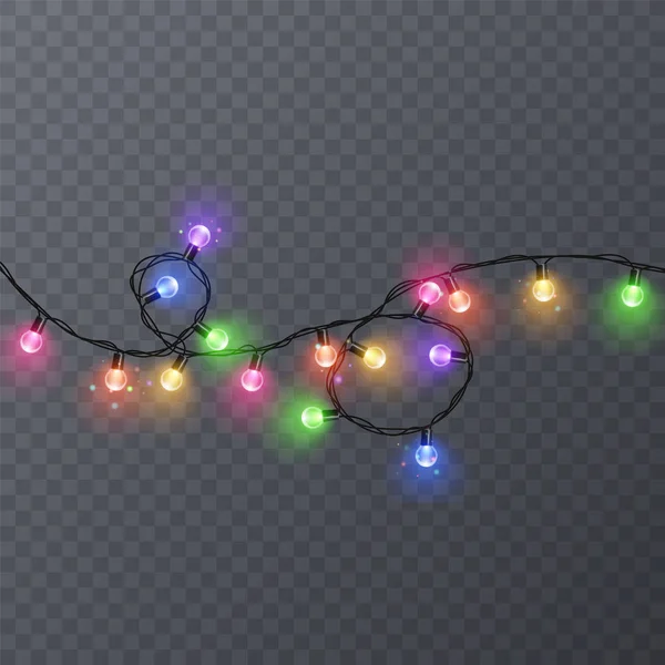 Set di ghirlande di colore, decorazioni festive. Luci di Natale incandescenti isolate su sfondo trasparente. Illustrazione vettoriale — Vettoriale Stock