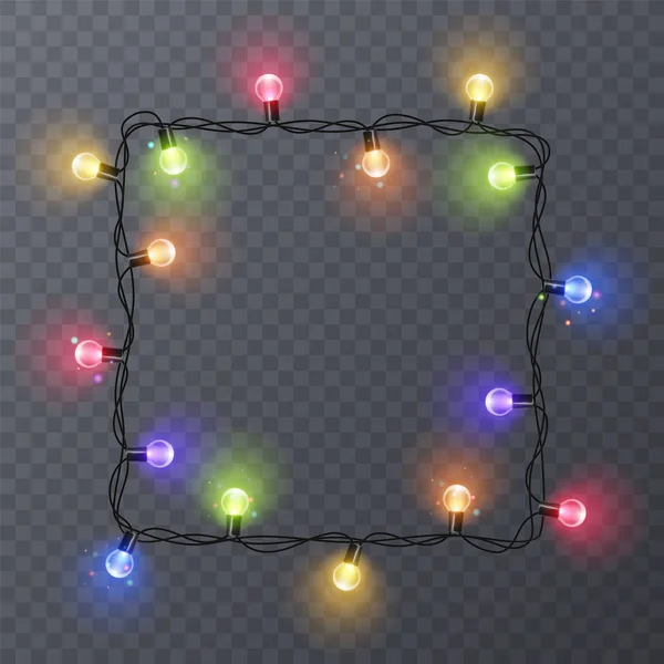 Conjunto de guirlandas coloridas, decorações festivas. Luzes de Natal brilhantes isoladas em fundo transparente. Moldura com espaço para texto. Ilustração vetorial — Vetor de Stock