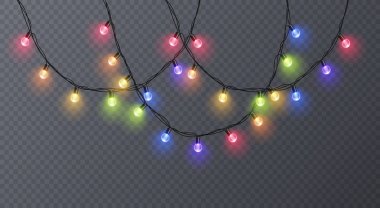 Renk çelenk, Festival süsleri kümesi. Parlak Noel ışıkları üzerinde şeffaf arka plan izole. Vektör çizim