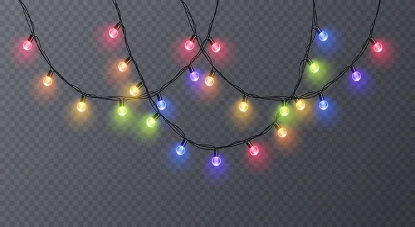 Conjunto de guirlandas coloridas, decorações festivas. Luzes de Natal brilhantes isoladas em fundo transparente. Ilustração vetorial —  Vetores de Stock