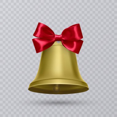 Kırmızı yay ile gerçekçi altın çan. Vektör çizim
