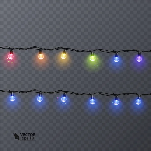 Conjunto de guirnaldas de colores, decoraciones festivas. Luces de Navidad brillantes aisladas sobre fondo transparente. Ilustración vectorial — Vector de stock