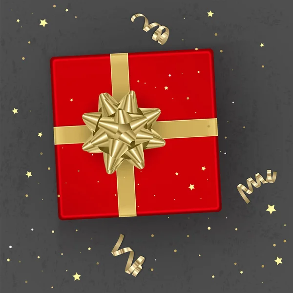 Uma caixa de presente vermelha realista decorada com um arco de ouro, vista superior. Ilustração vetorial — Vetor de Stock