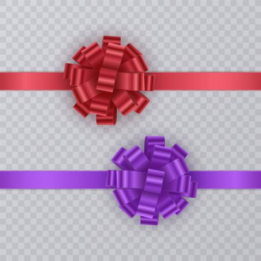 Kırmızı ve mor gerçekçi yay ile seti hediye şerit. Kart tasarımı için Hediyelik öğe. Tatil arka plan. Vektör çizim