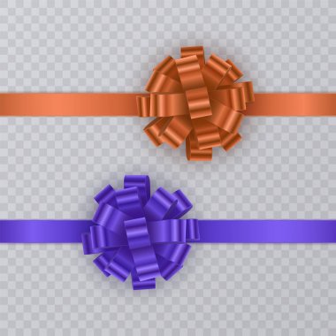 Mavi ve turuncu renk gerçekçi yay ile seti hediye şerit. Kart tasarımı için Hediyelik öğe. Tatil arka plan. Vektör çizim