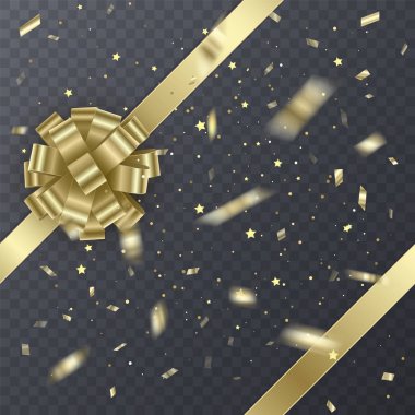 Altın hediye şerit ile gerçekçi yay. Kart tasarımı için Hediyelik öğe. Tatil arka plan, vektör çizim