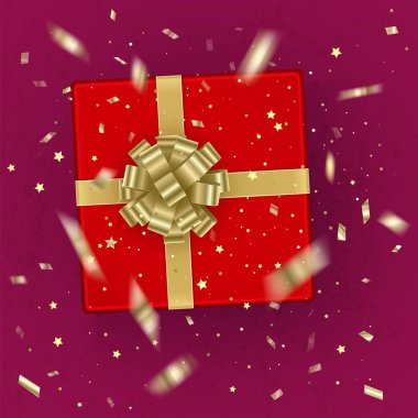 Bir gerçekçi kırmızı hediye kutusu altın bir yay ile üstten görünüm dekore edilmiştir. Vektör çizim