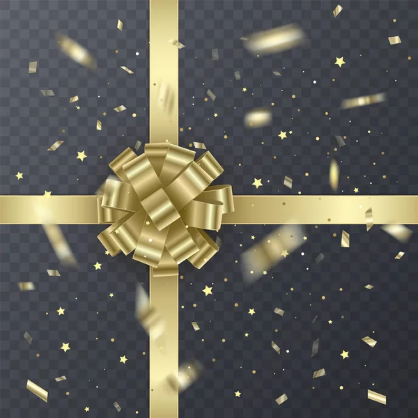 Goud gift lint met realistische Bow. Cadeau Element voor Card Design. Vakantie achtergrond, vectorillustratie — Stockvector