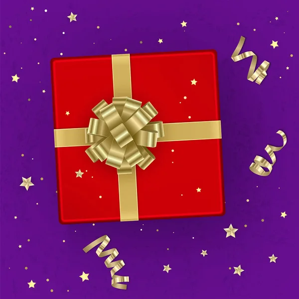 Realistyczne czerwone pudełko ozdobione kokardą złota, widok z góry. Ilustracja wektorowa — Wektor stockowy