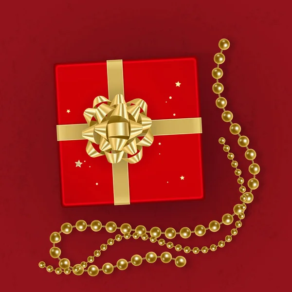 Realistyczne czerwone pudełko ozdobione kokardą złota, widok z góry. Ilustracja wektorowa — Wektor stockowy
