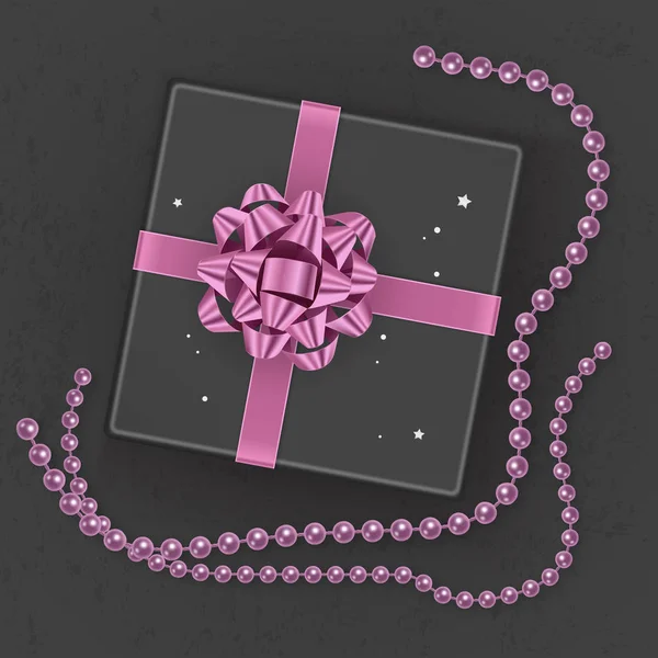 Una caja de regalo negro realista decorado con un lazo rosa, vista superior. Ilustración vectorial — Vector de stock