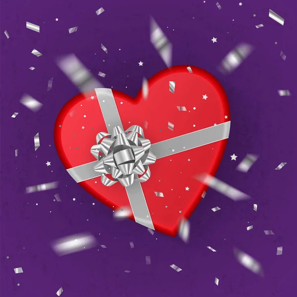 Реалістична червона подарункова коробка з формою серця, прикрашена срібним бантом, вид зверху. Векторні ілюстрації — стоковий вектор