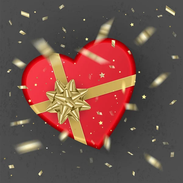 Una caja de regalo roja realista con forma de corazón decorado con un arco de oro, vista superior. Ilustración vectorial — Vector de stock