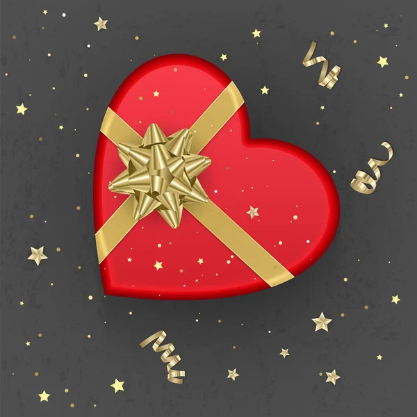 Una caja de regalo roja realista con forma de corazón decorado con un arco de oro, vista superior. Ilustración vectorial — Vector de stock