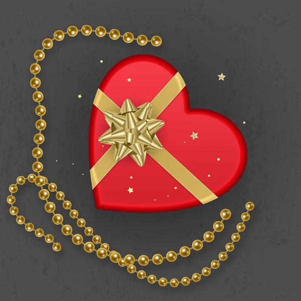 Реалістична червона подарункова коробка з формою серця, прикрашена золотим бантом, вид зверху. Векторні ілюстрації — стоковий вектор