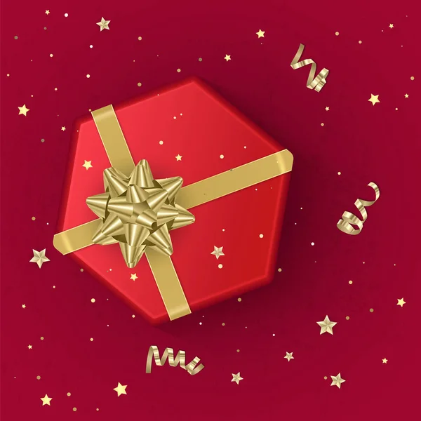 Egy reális piros ajándék doboz díszített arany íj, felülnézet. Vektoros illusztráció — Stock Vector
