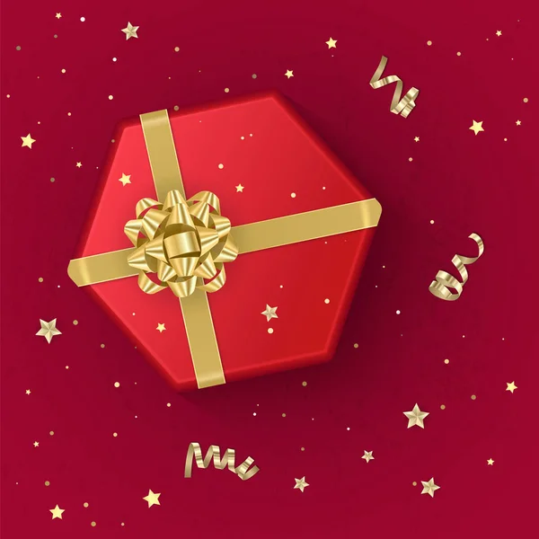 Μια ρεαλιστική κόκκινο δώρο κουτί διακοσμημένο με ένα χρυσό τόξο, το top view. Εικονογράφηση διάνυσμα — Διανυσματικό Αρχείο