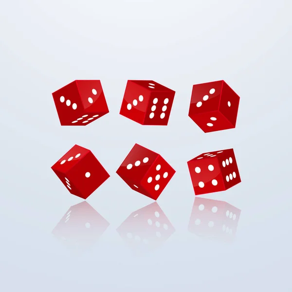 Dice of red color in different perspective on a light background. 3d vector illustration — Stock Vector