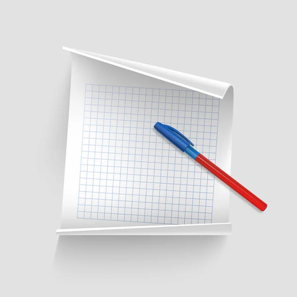 Hoja blanca de papel con pluma realista, hoja de papel para sus registros, ilustración vectorial — Vector de stock