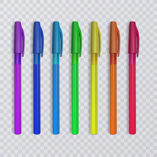 Realistische Kugelschreiber in Regenbogenfarben. Vektorillustration. — Stockvektor