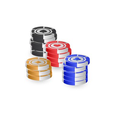Casino konsepti için beyaz arka plan üzerinde izole 3d poker fişleri.