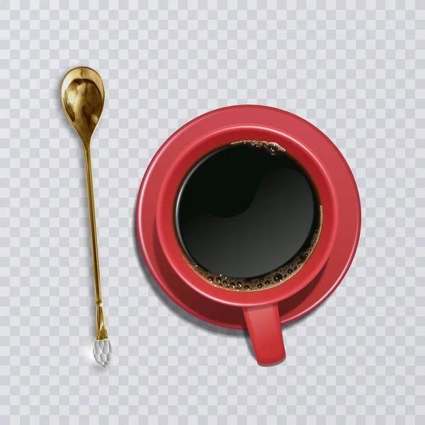 ゴールデン小さじ、オレンジ カップ、上から見るとコーヒーの現実的なカップ。ベクトル図 — ストックベクタ