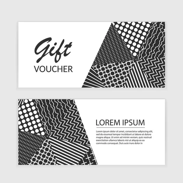 Vector gift voucher template with abstract triangle background, black and white doodle holiday cards. Design concept for gift coupon, invitation, certificate, flyer, banner, ticket. — Stock Vector