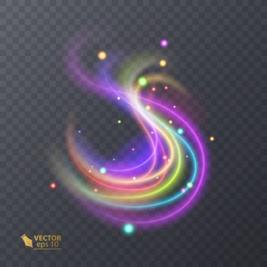 Renkli ışık neon etkisi. soyut parçacıklar. Koyu arka plan üzerinde vektör Magic ışıltı şeffaf neon etkisi