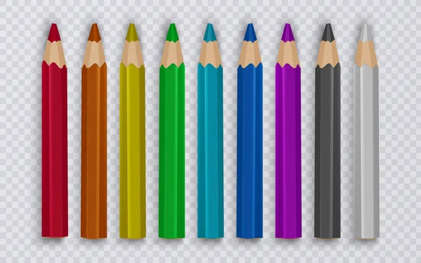 Ensemble de crayons de couleur à dessiner sur fond transparent, outils pour la créativité et les écoles, illustration vectorielle — Image vectorielle