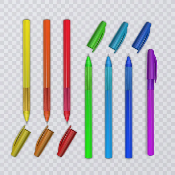 Realistyczne długopisy z kolorami tęczy. Ilustracja wektorowa. — Wektor stockowy