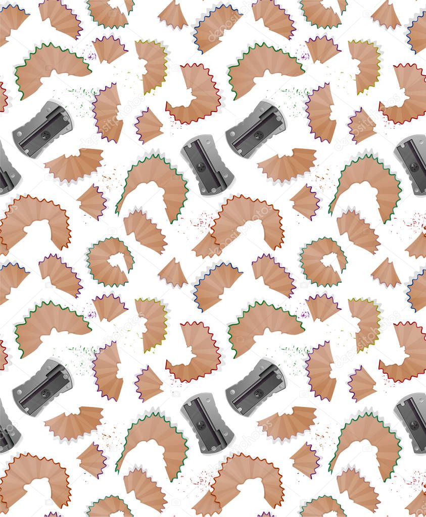 Seamless pattern with pencil shavings, realistic sharpener and a graphite isolated on white background, cover for your design. Vector illustration