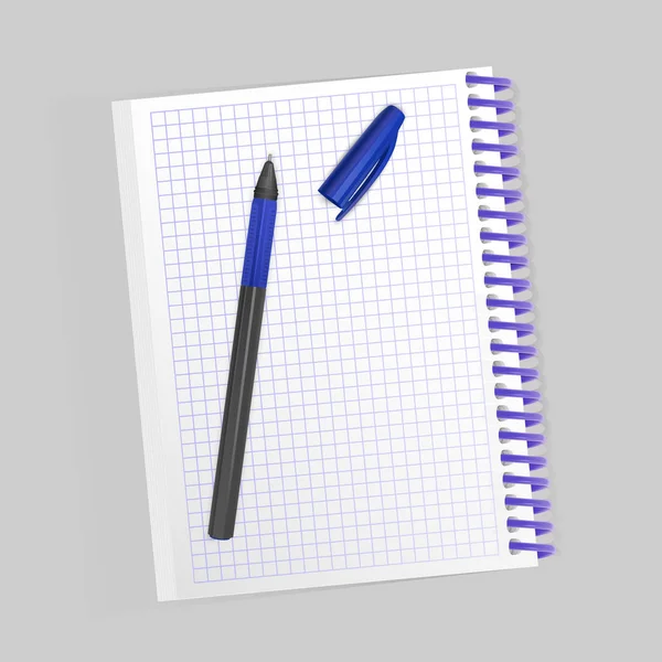 Cuaderno de cuaderno en espiral realista en blanco y pluma realista aislada sobre fondo blanco. Mostrar Mock up para sus entradas, ilustración vectorial — Archivo Imágenes Vectoriales