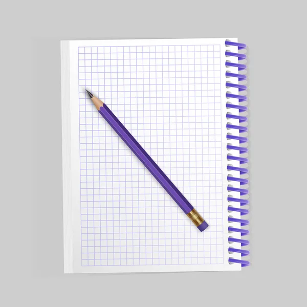 Cuaderno de cuaderno en espiral realista en blanco y lápiz realista aislado sobre fondo blanco. Mostrar Mock up para sus entradas, ilustración vectorial — Archivo Imágenes Vectoriales