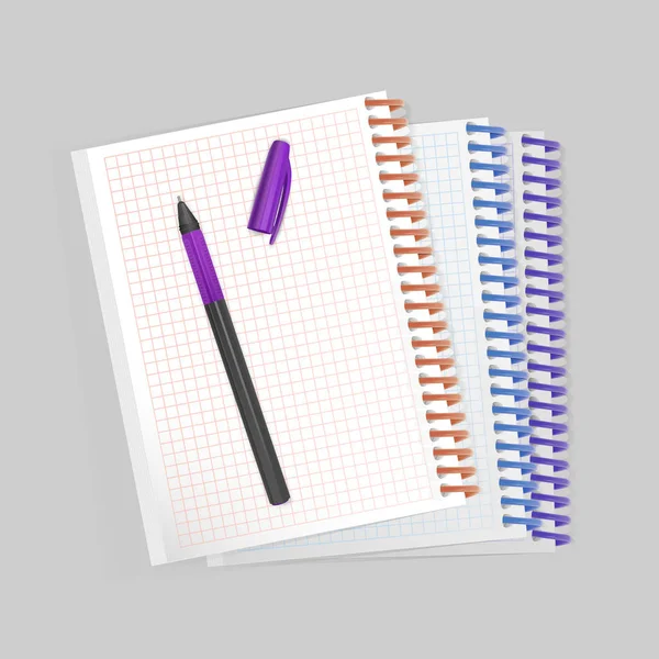 Blankes Spiralblock-Notizbuch mit realistischem lila Stift auf weißem Hintergrund. Anzeige-Attrappe für Ihre Einträge, Vektor-Abbildung Folge 10 — Stockvektor