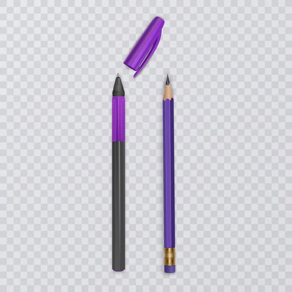 Realistische pen en potlood op transparante achtergrond, paarse kleur. Vectorillustratie — Stockvector