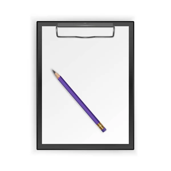 Schwarzes Klemmbrett mit weißem Blatt und realistischem Bleistift, Vektorillustration — Stockvektor