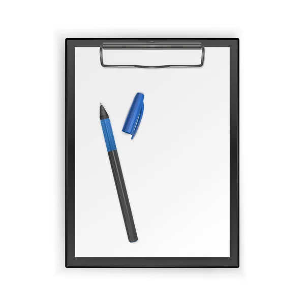 Portapapeles negro con hoja blanca en blanco y pluma realista, ilustración vectorial — Vector de stock