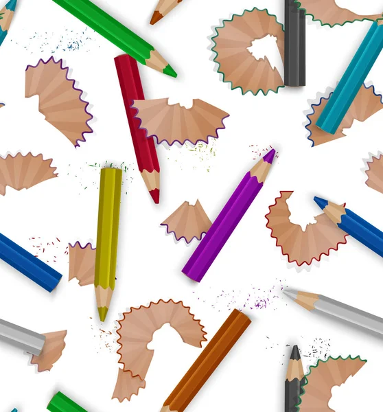 Patrón sin costuras con virutas de lápiz, lápices realistas de color arco iris aislados sobre fondo blanco, cubierta para su diseño. Ilustración vectorial — Vector de stock