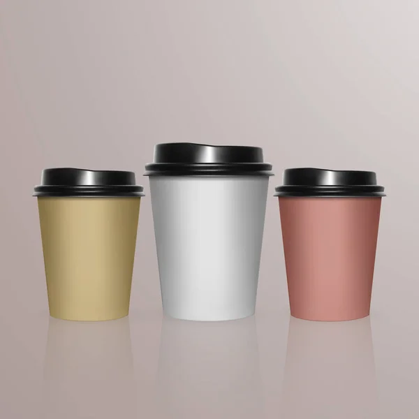 Set de taza de café - Plantilla de maqueta para Café, Diseño de identidad de marca de restaurante. Negro, amarillo, marrón de cartón taza de café burla. Plantilla desechable de vajilla de plástico y papel para bebidas calientes — Vector de stock